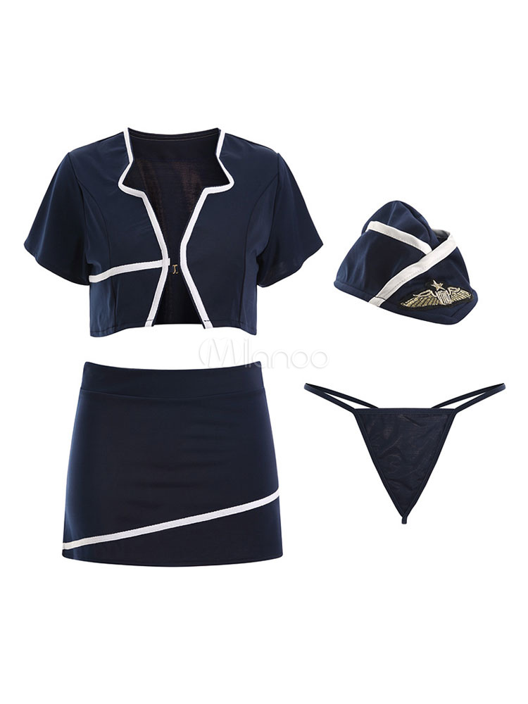 Womens Airhostess Costume Black Polyester Sexy Bedroom Costume 5-Piece