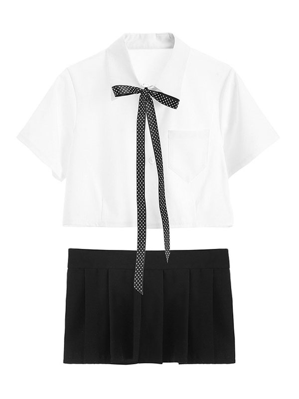 Damen Schulmädchen Uniform Kurzarm Shirt Faltenrock Strümpfe Outfit Krawatte