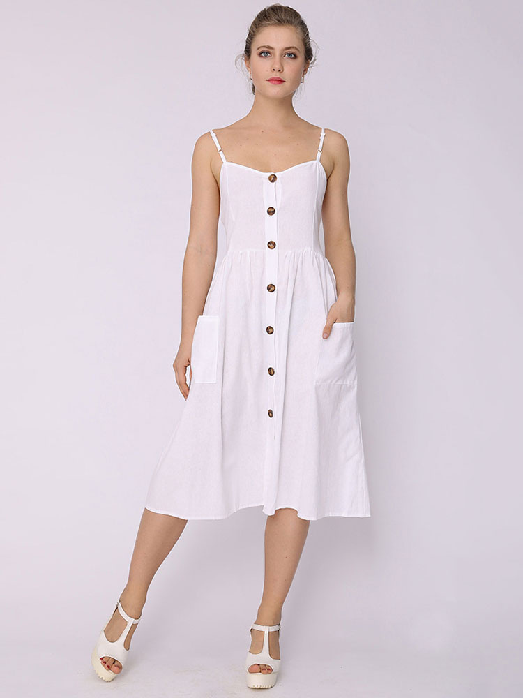 Moda Mujer Vestidos | Vestidos largos para mujer Sin mangas Correas blancas Cuello botones Vestido largo de algodón sin espalda - LZ43484