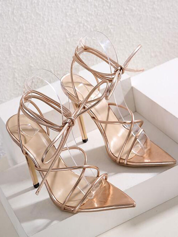 Womens Gold Strappy Heels Lace Up Stiletto Heel Sandals Prom Shoes