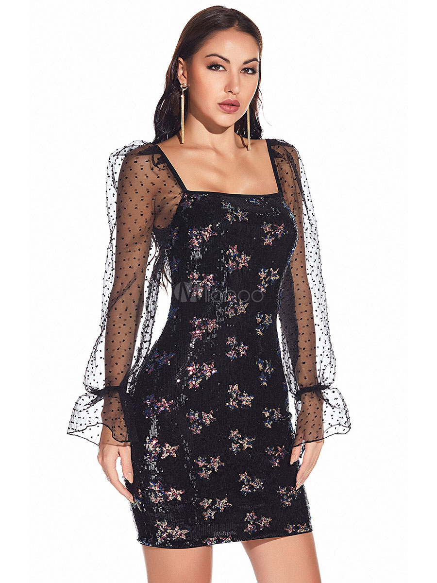 Abiti aderenti da donna Abito a tubino con maniche lunghe a palloncino  stampato nero con paillettes a collo alto - Milanoo.com