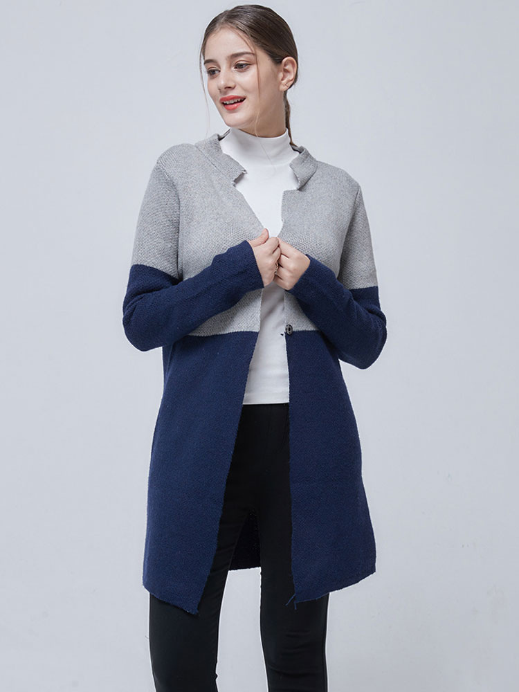 Womens Sweaters Cardigans Navy Blue Polyester Two-Tone Long Sleeves ...
