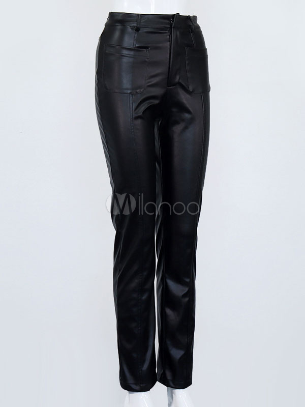 Women Black PU Leather Pants Waist Casual Wide Chaparajos Trousers ...