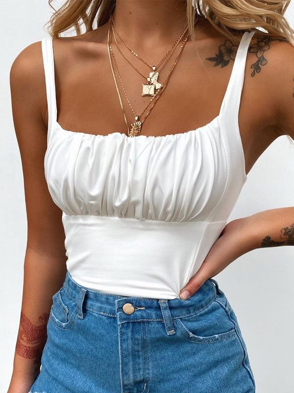 Womens White Cami Top Straps Neck Pleated Backless Polyester Camis Sexy ...