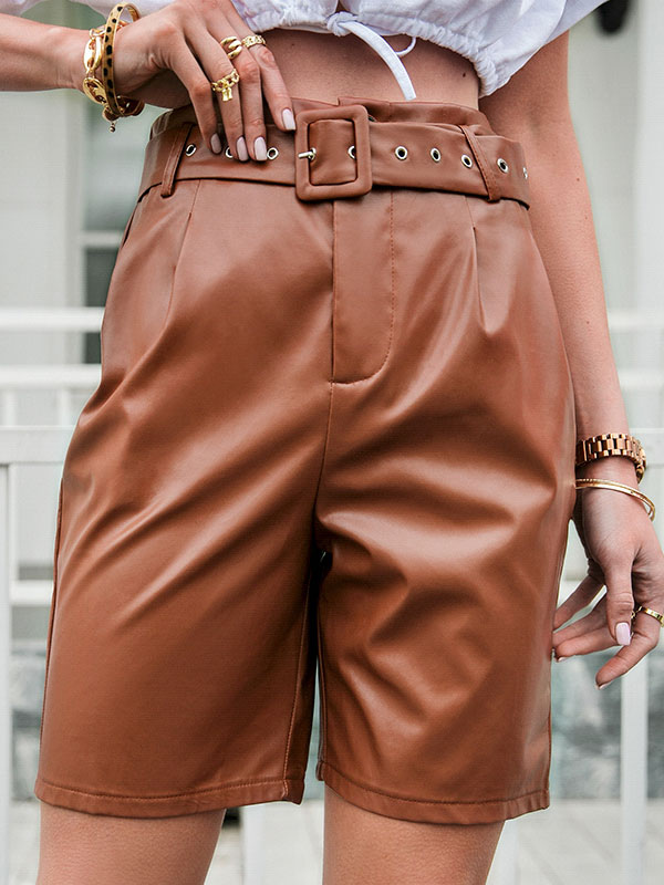 Womens Shorts Brown PU Leather Casual Straight Short Pants