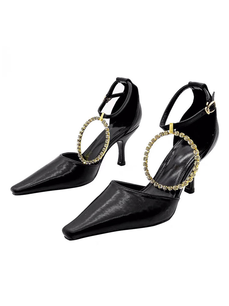 Zapatos de Mujer | Sandalias de tacón para mujer Tacón de aguja negro Punta cuadrada Correa de tobillo Cuero de PU Sandalias de tacón casual - RK57550
