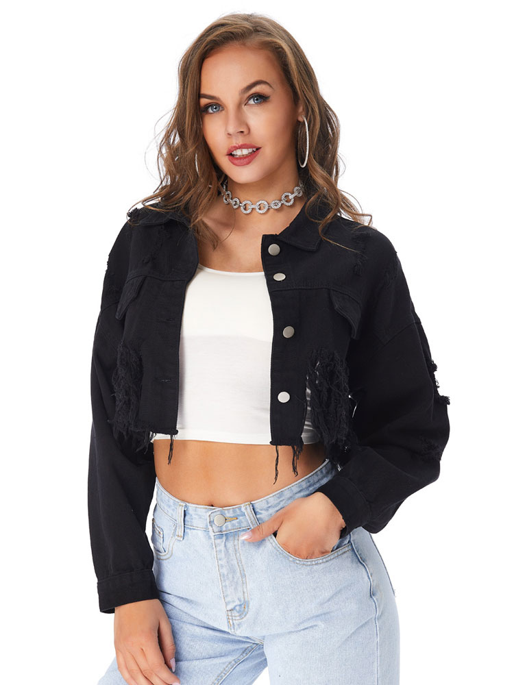 Women's Clothing Outerwear | Women Denim Jackets Black Turndown Collar Front Button Cowboy Short Jacket Cozy Active Outerwear - GQ04930