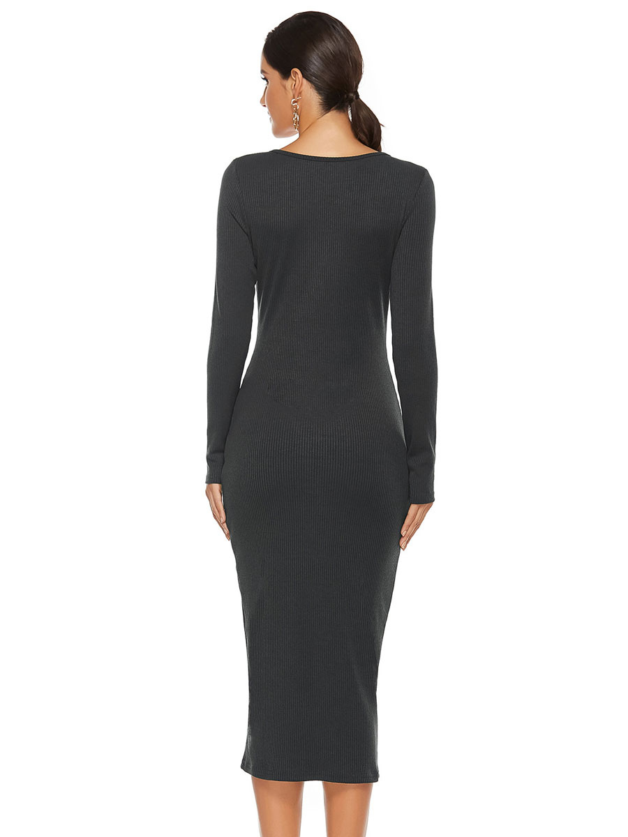 Women's Clothing Dresses | Women Bodycon Dress Black Buttons Long Sleeves Casual Pencil Wrap Dresses Midi Wrap Dresses - YZ30541