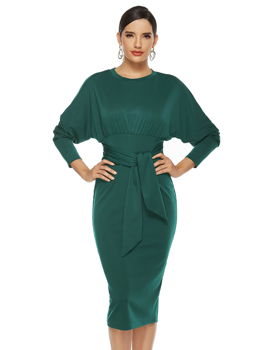 Women's Clothing Dresses | Women Bodycon Dress Green Long Sleeves Jewel Neck Casual Knotted Midi Wrap Dresses Sheath Wrap Dresses - UA83678