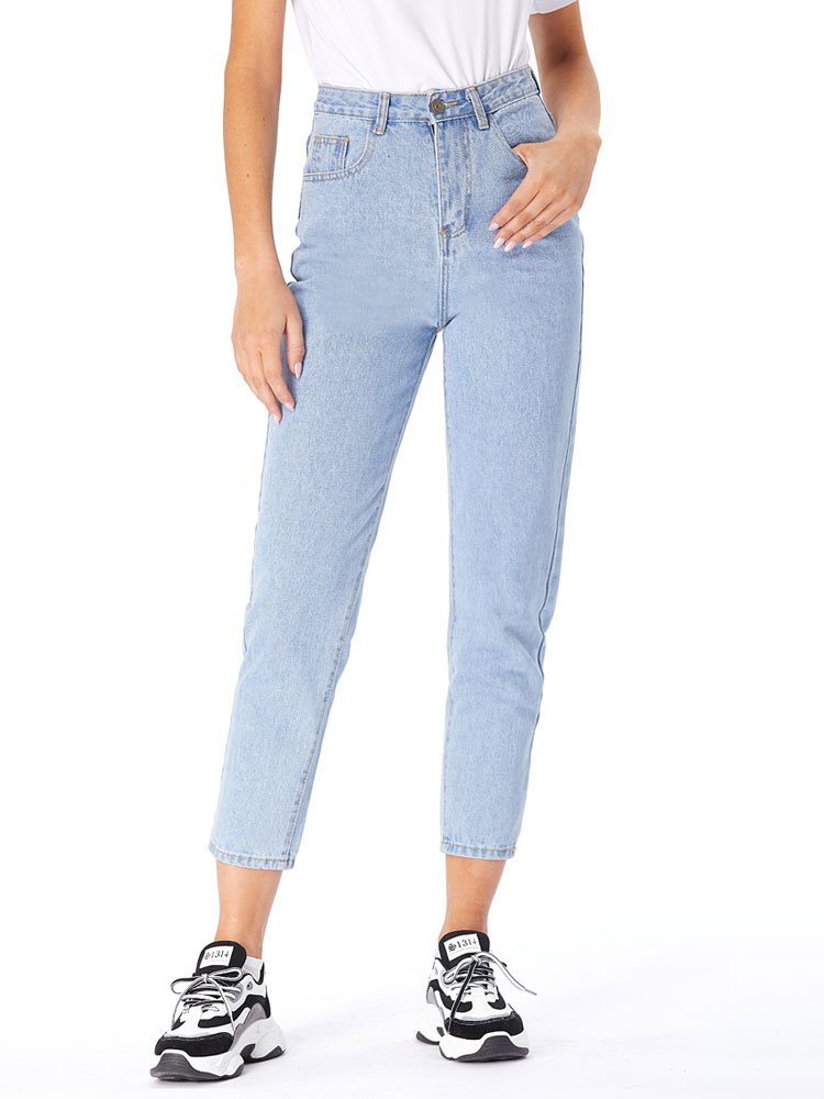 Moms Jeans Donna Pantaloni in denim Pantaloni lunghi in poliestere a vita  alta in poliestere azzurro chiaro Jeans lunghi da cowboy - Milanoo.com