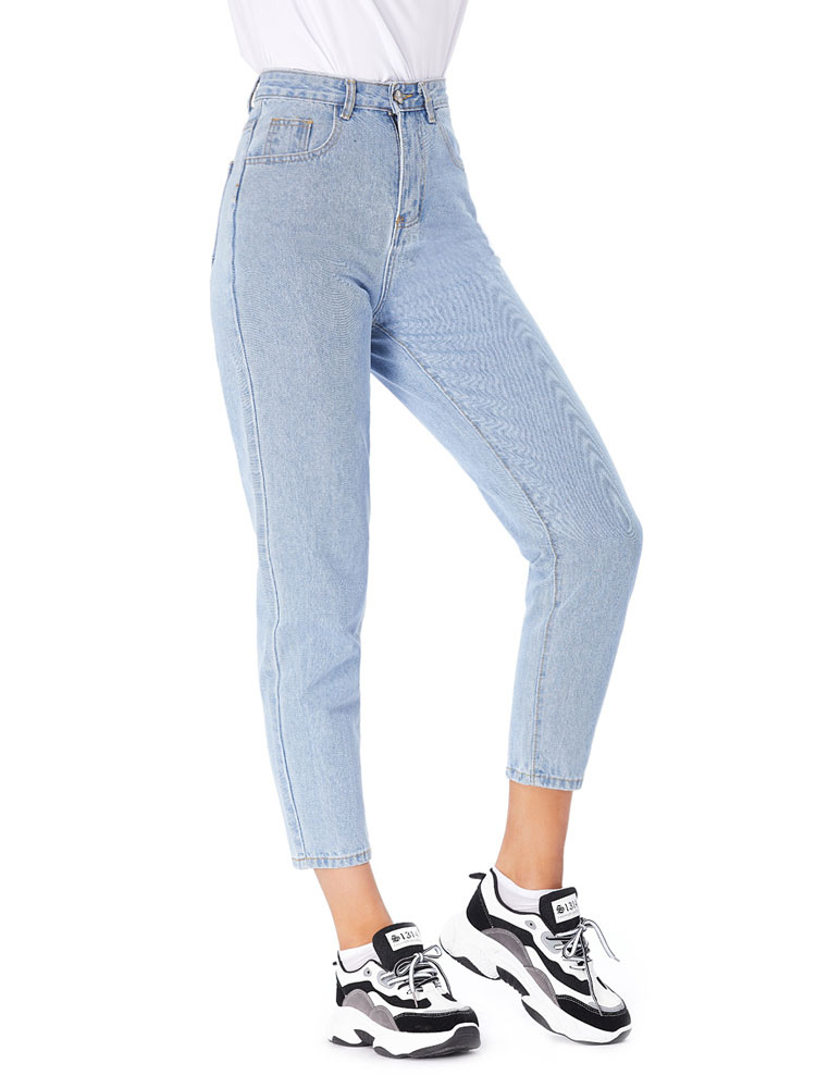 Moms Jeans Women Denim Pants Light Sky Blue Polyester Raised Waist ...