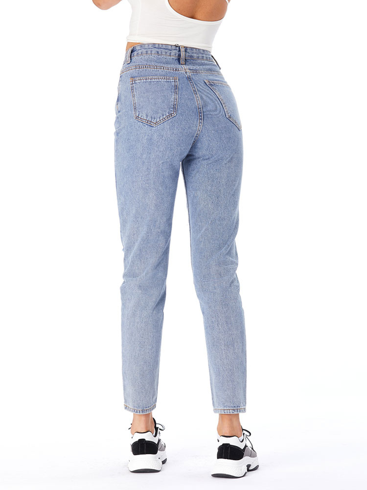 Women's Clothing Women's Bottoms | Moms Jeans Women Denim Pants Light Sky Blue Polyester Raised Waist Cowboy Long Straight Trousers Casual Jeans - UM94732