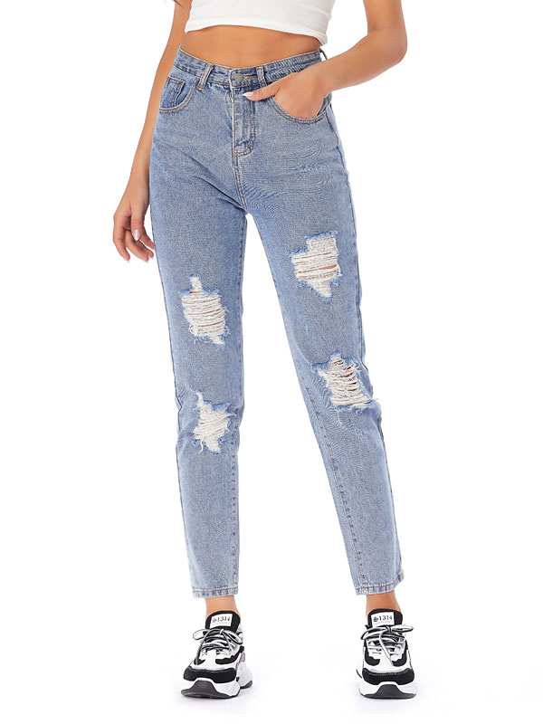 Women's Clothing Women's Bottoms | Moms Jeans Women Denim Pants Light Sky Blue Polyester Raised Waist Cowboy Long Straight Trousers Casual Jeans - UM94732