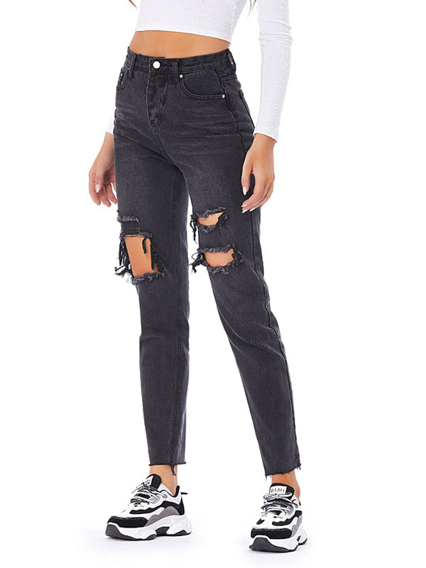 Moms Jeans Donna Pantaloni in denim Jeans lunghi in cotone nero a vita  rialzata Pantaloni affusolati - Milanoo.com