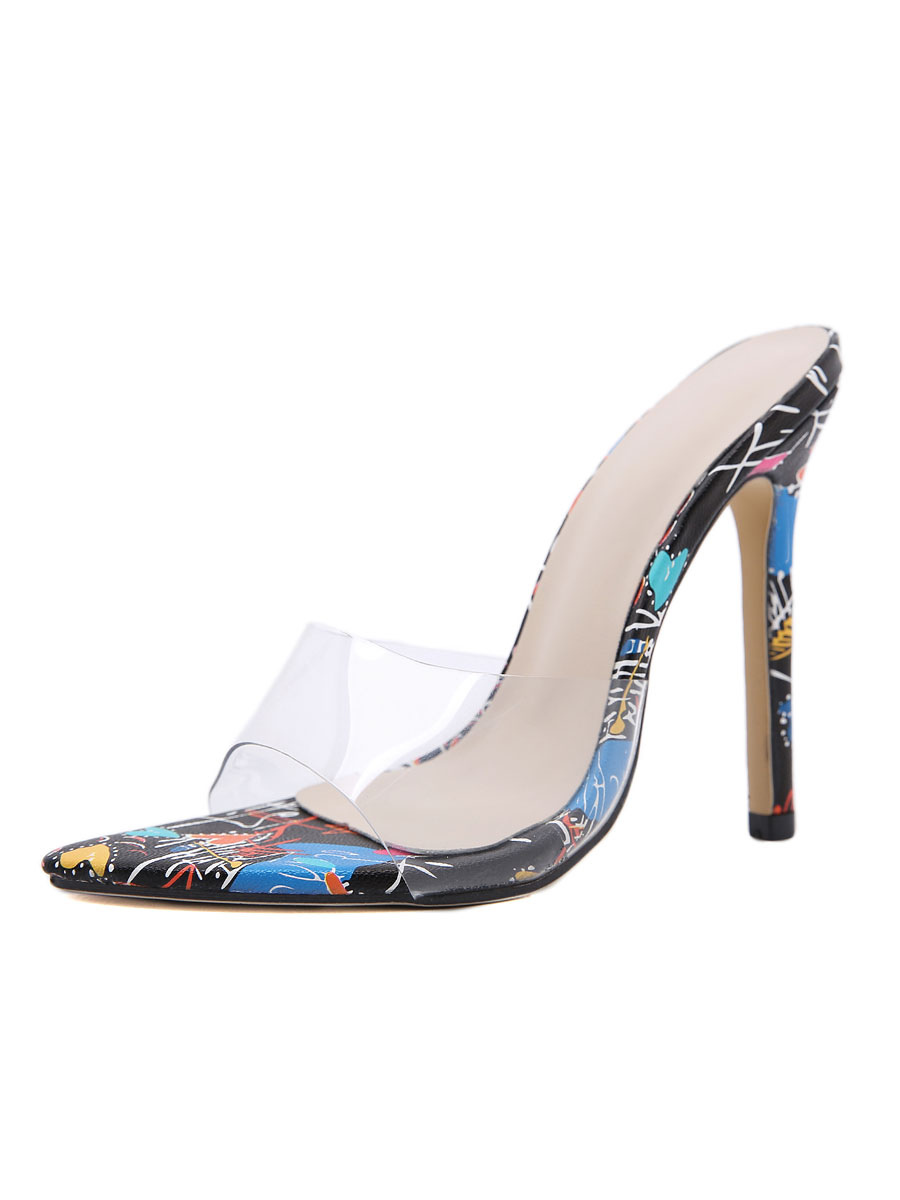 printed high heel slingback mules