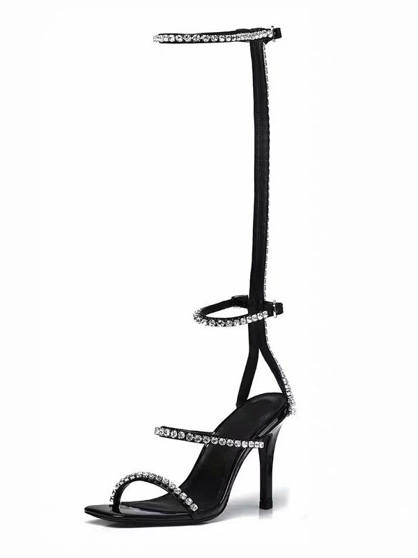 Zapatos de Mujer | Sandalias de tacón para mujer Sandalias de verano con correa de tobillo de cuero de PU con punta cuadrada y tacón de aguja negro - NT94118