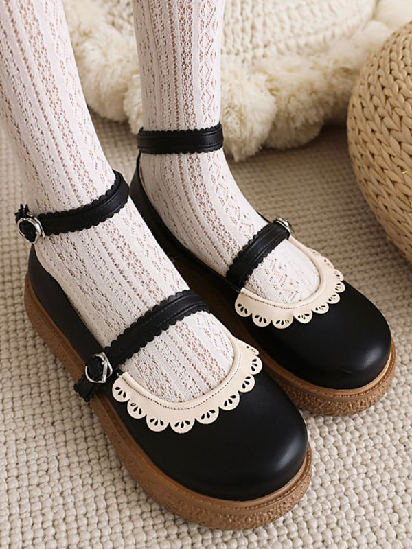 Costumes Lolita | Sweet Lolita Footwear Black PU Leather Round Toe Lace Up Lolita Shoes - JA14537