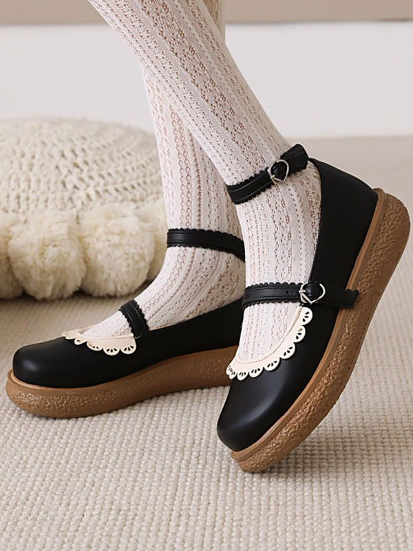 Costumes Lolita | Sweet Lolita Footwear Black PU Leather Round Toe Lace Up Lolita Shoes - JA14537