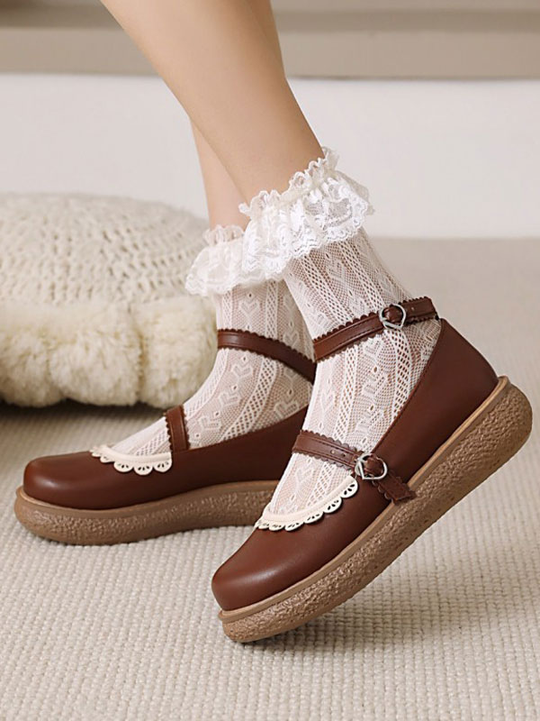 Costumes Lolita | Sweet Lolita Footwear Black PU Leather Round Toe Lace Up Lolita Shoes - JA14537