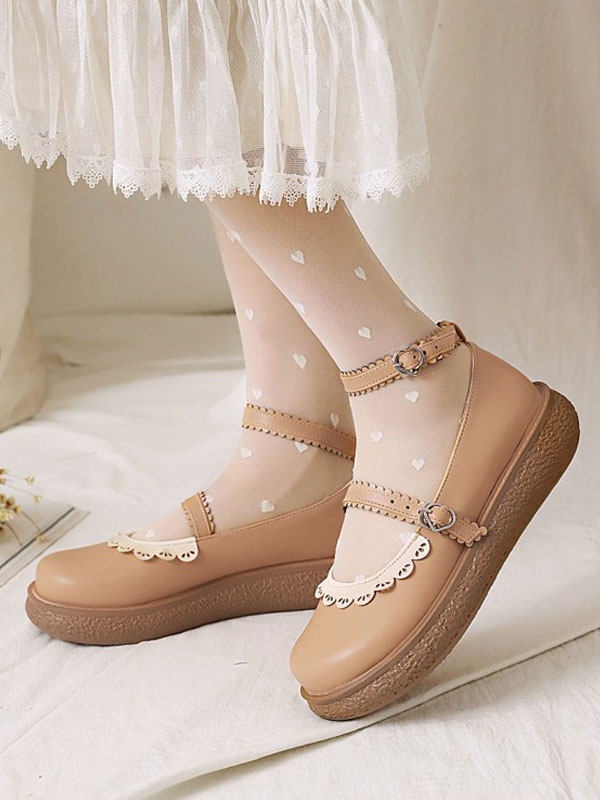 Costumes Lolita | Sweet Lolita Footwear Black PU Leather Round Toe Lace Up Lolita Shoes - JA14537