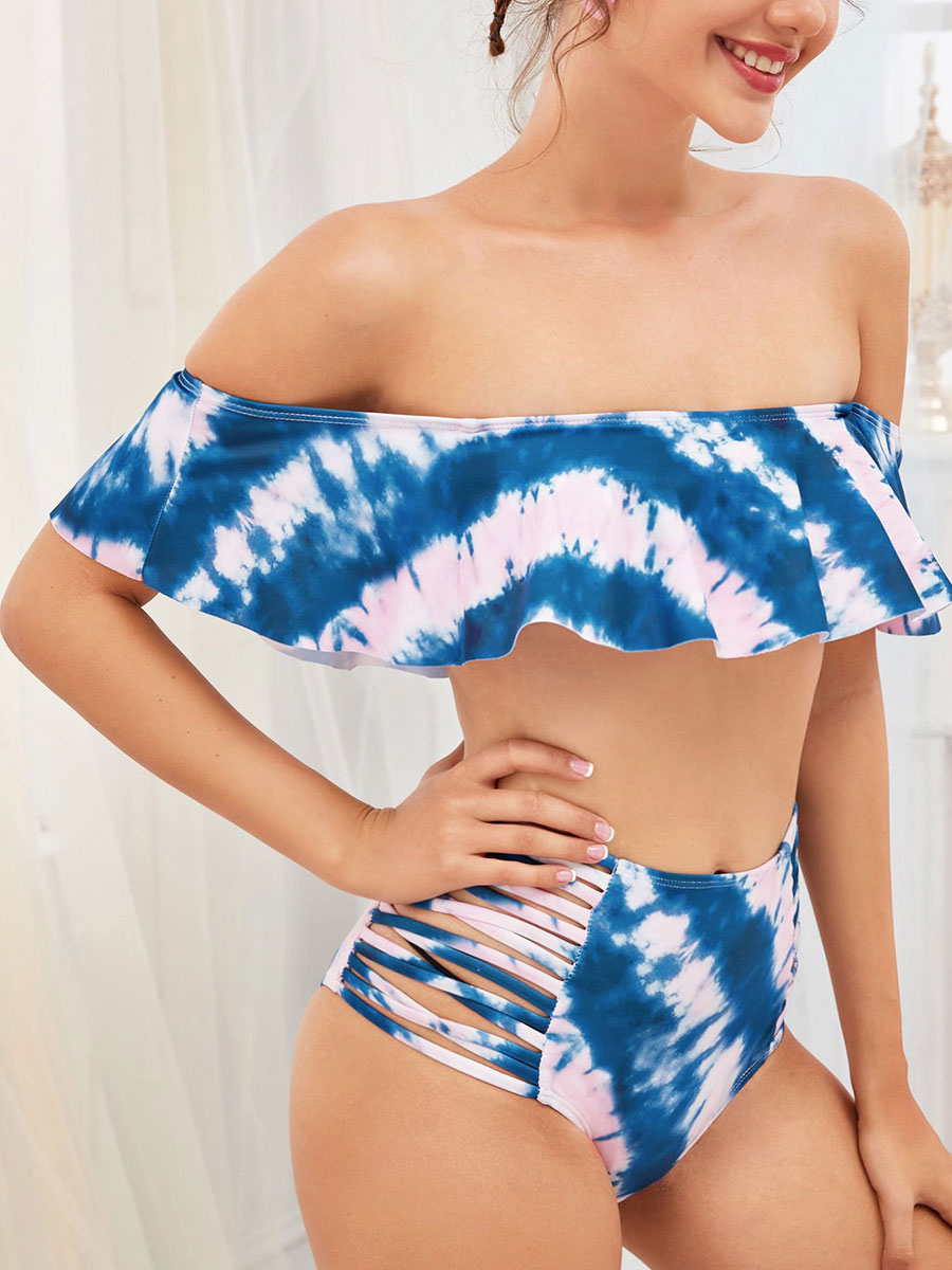 Women's Clothing Swimsuits & Cover-Ups | Two Piece Swimsuits Blue Printed Ruffles Bateau Neck Backless Summer Beach Swimwear - UT38825