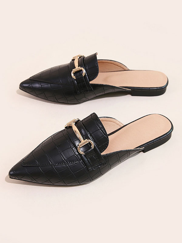 black leather pointed toe mules