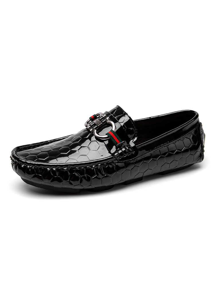 Zapatos de hombre | Mocasines para hombre Zapatos negros sin cordones con punta redonda geométrica Patrón de piel de vaca Cuero de PU Zapatos casuales - OK16647