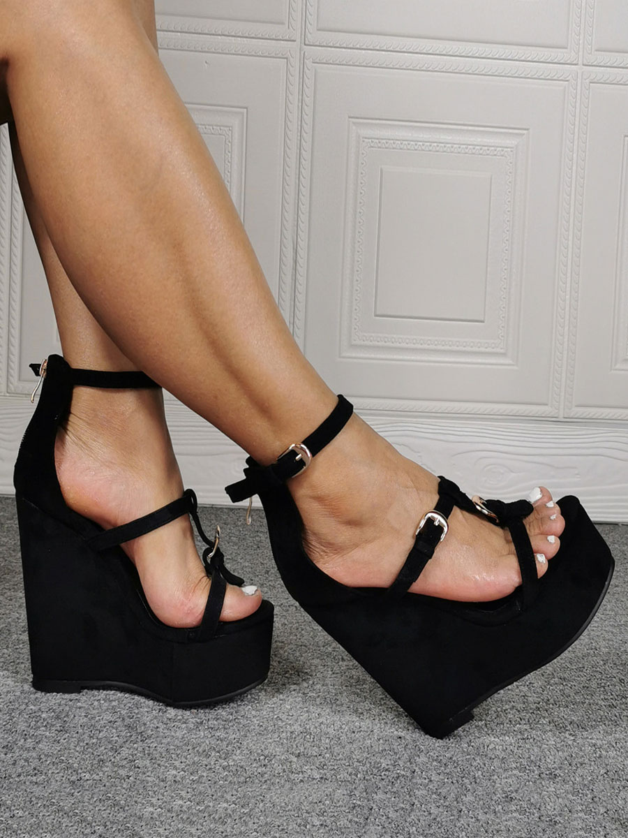 Zapatos de Mujer | Sandalias sexis de tacón alto para mujer, zapatos sexis de tacón de cuña con punta abierta y micro ante negro - ZK82490