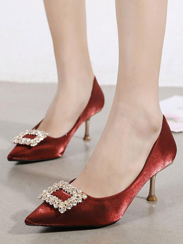 Womens Burgundy Kitten Heels Satin Pointed Toe Stiletto Heel Pumps with ...