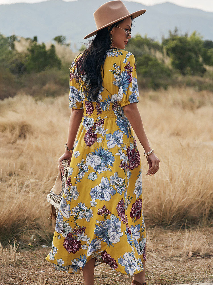 Abiti lunghi da donna Maniche corte Abito lungo in viscosa con scollo a V  stampato giallo - Milanoo.com