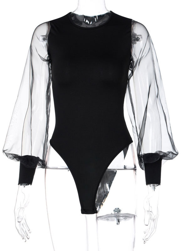 Women's Clothing Tops | Women Black Bodysuit Long Sleeves Jewel Neck Polyester Sexy Top - QJ85444