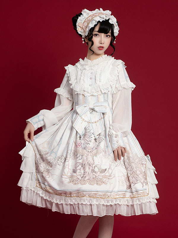 Sweet Lolita OP Dress White Long Sleeves Polyester Daily Casual Lolita One  Piece Dresses - Lolitashow.com