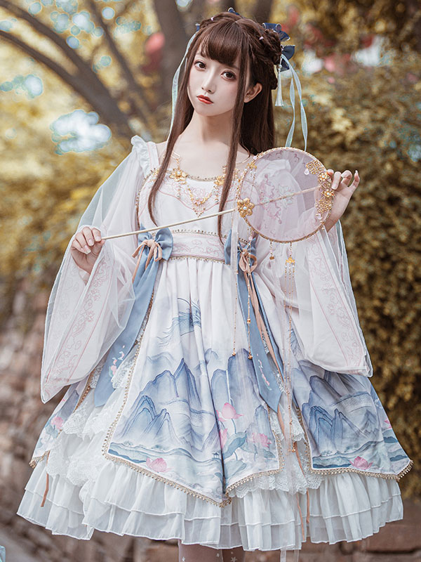 Estilo chino Lolita OP vestido blanco poliéster manga larga borlas  tradicional chino Lolita vestidos de una pieza 