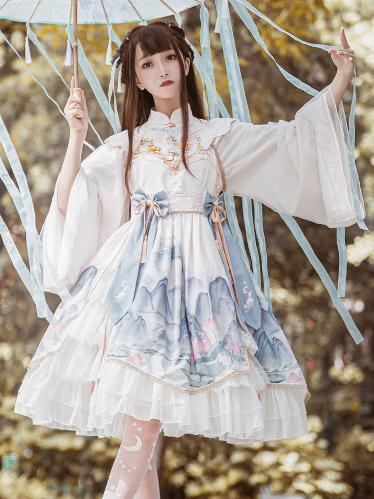 Estilo chino Lolita OP vestido blanco poliéster manga larga borlas  tradicional chino Lolita vestidos de una pieza 