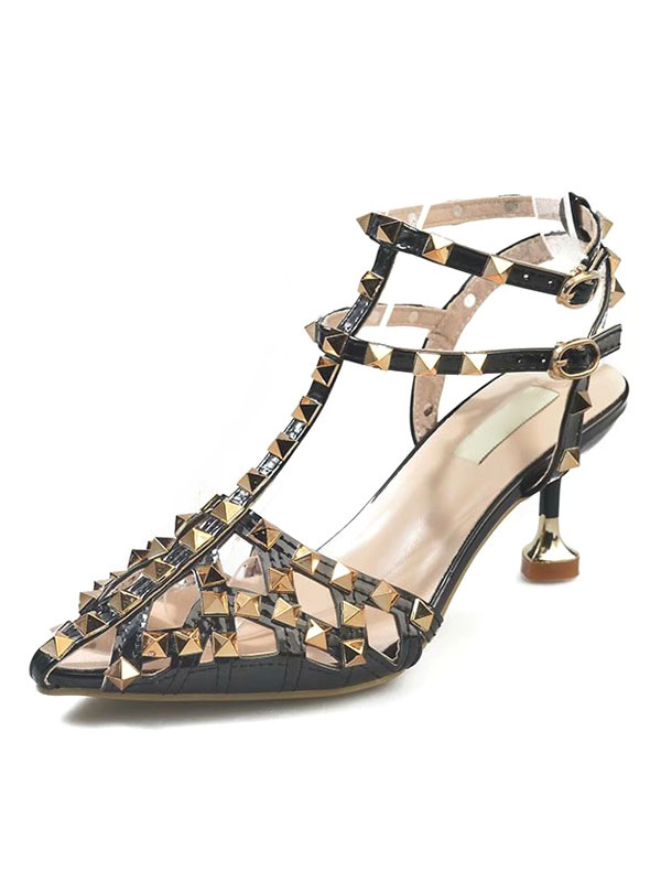 Zapatos de Mujer | Sandalias de tacón negro para mujer Sandalias de verano superior de PU de charol con punta puntiaguda de tacón de aguja - CF04498