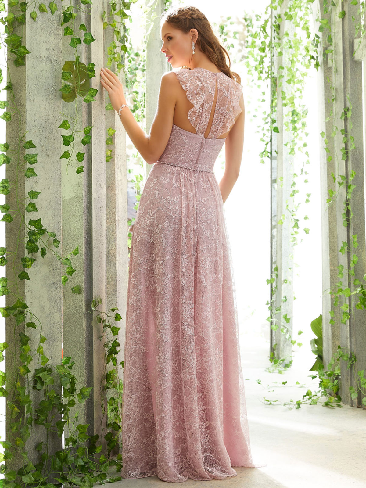 Mariage Robes de soirée pour mariage | Robe de demoiselle d'honneur rose A-ligne longueur plancher sans manches en dentelle robe de bal - YF58013