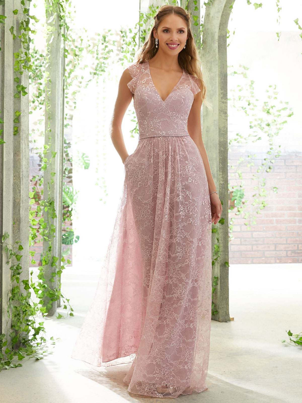 Mariage Robes de soirée pour mariage | Robe de demoiselle d'honneur rose A-ligne longueur plancher sans manches en dentelle robe de bal - YF58013