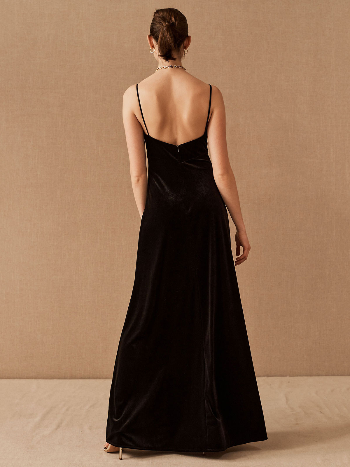 Black Evening Dress A-Line Sweetheart Neck Sleeveless Velour Floor ...