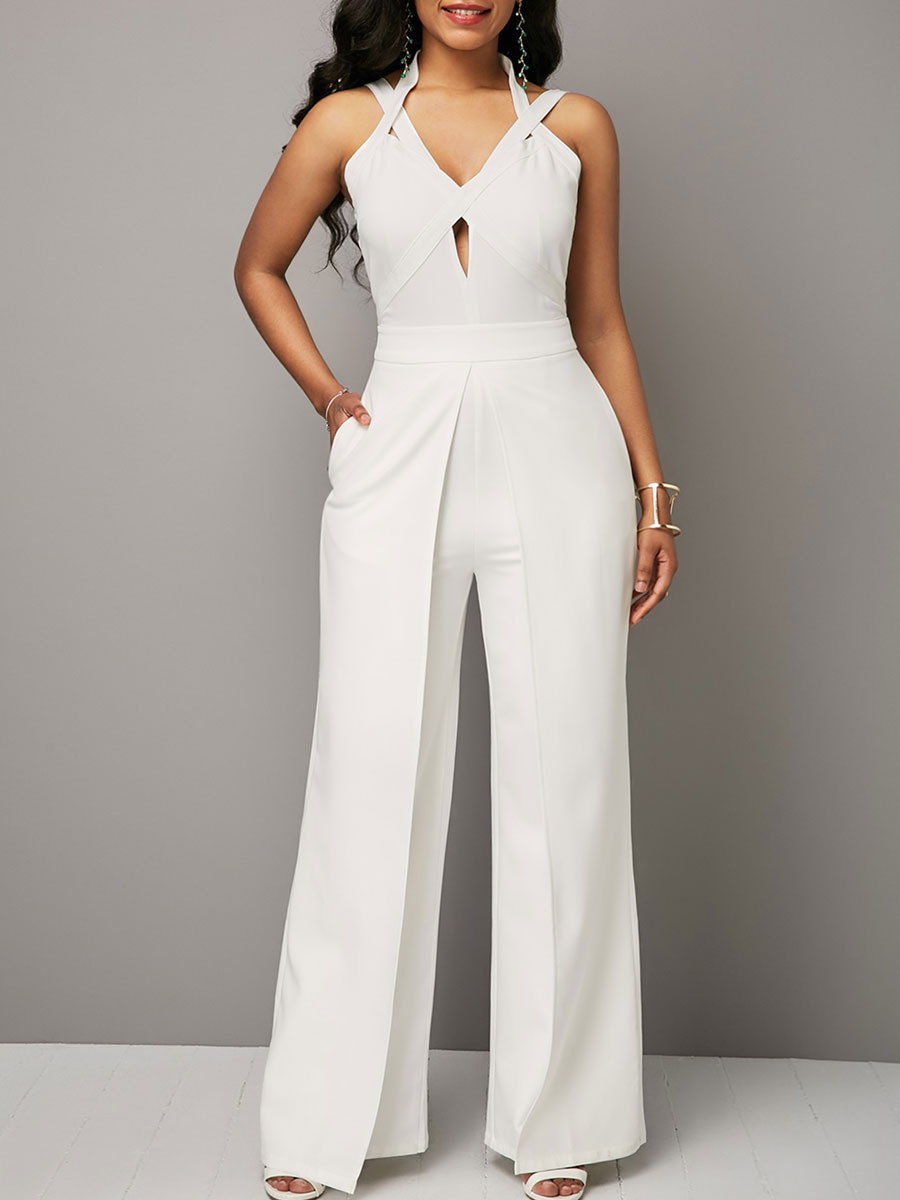 Women's Clothing Jumpsuits & Rompers | White V-Neck Backless Polyester Jumpsuits For Women - HZ80361