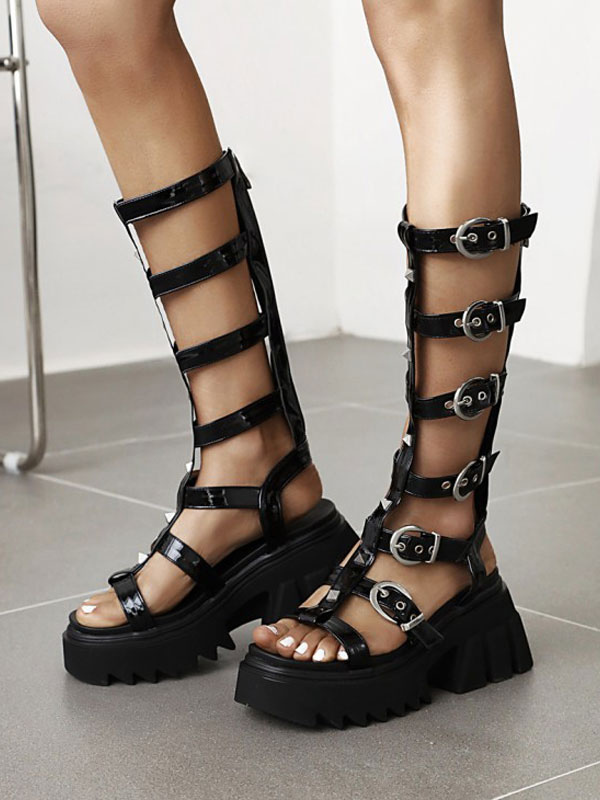 Chaussures Chaussures femme | Sandales gothiques Lolita en cuir PU noir bottes plates d'été - MK19220