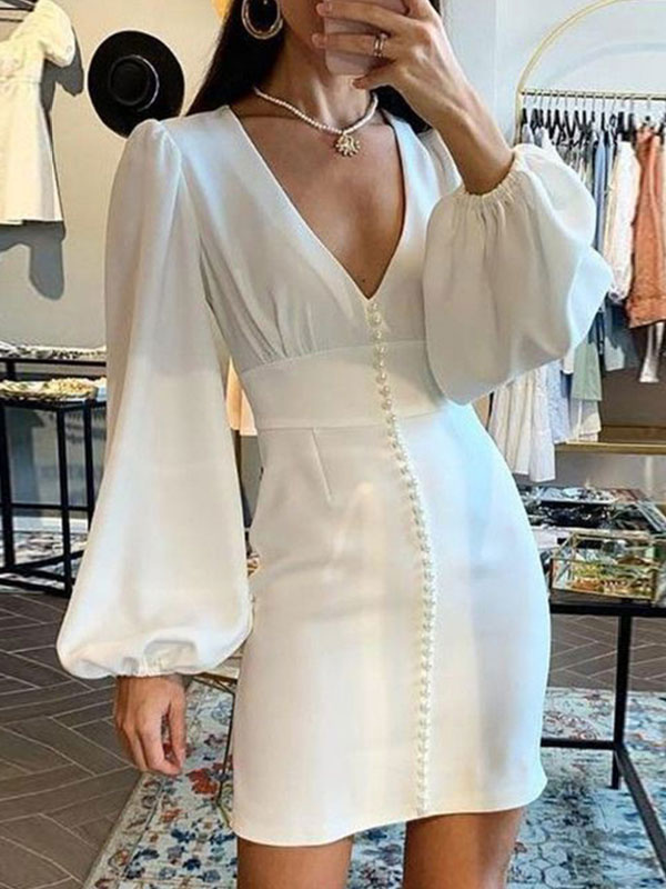 Women's Clothing Dresses | White Bodycon Dress For Women V-Neck Long Sleeves Polyester Extra Short Pencil Wrap Dresses - DC57436