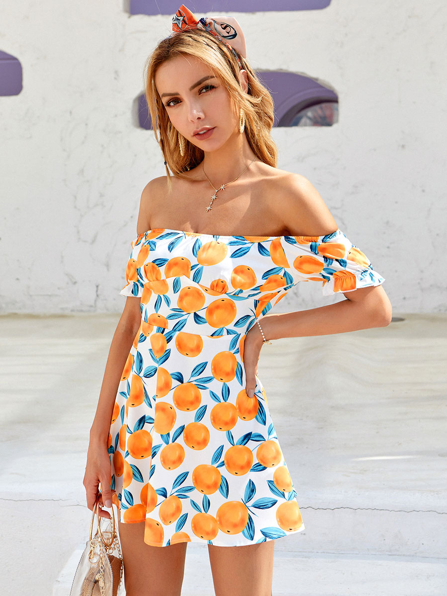 Women Orange Summer Dress Bateau Neck Short Sleeve Strapless Floral ...