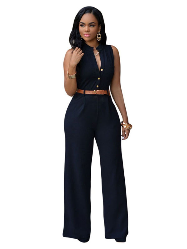 Women's Clothing Jumpsuits & Rompers | Black V-Neck Sleeveless Sash Lycra Spandex Jumpsuits For Women - LY14868