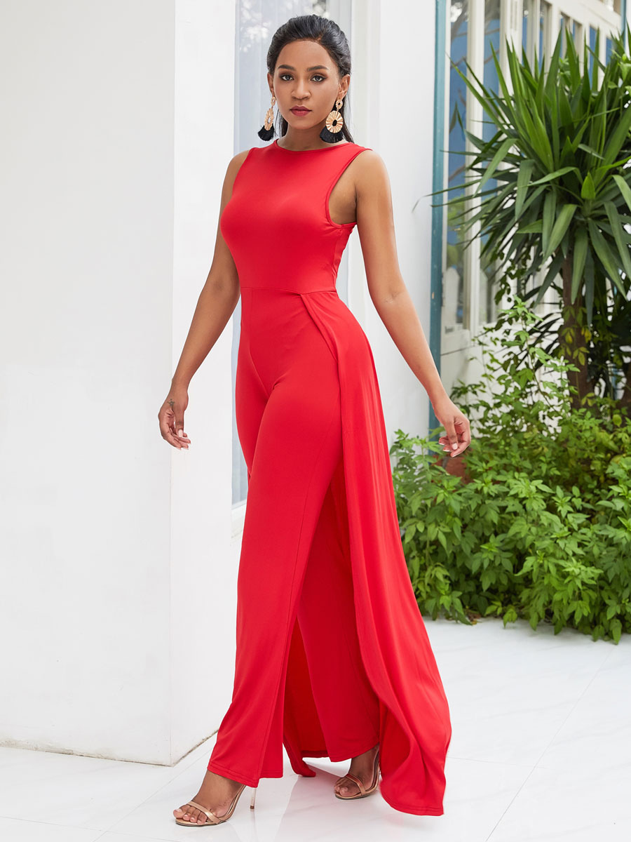 Women's Clothing Jumpsuits & Rompers | Red Jewel Neck Sleeveless Layered Strapless Polyester Jumpsuits For Women - RF02154