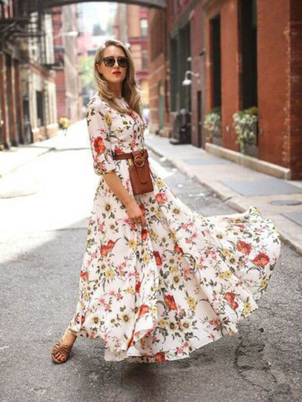Women's Clothing Dresses | Women Maxi Dresses Light Apricot Half Sleeves Floral Printed Jewel Neck Ruffles Polyester Floor Length Dress - XL69370