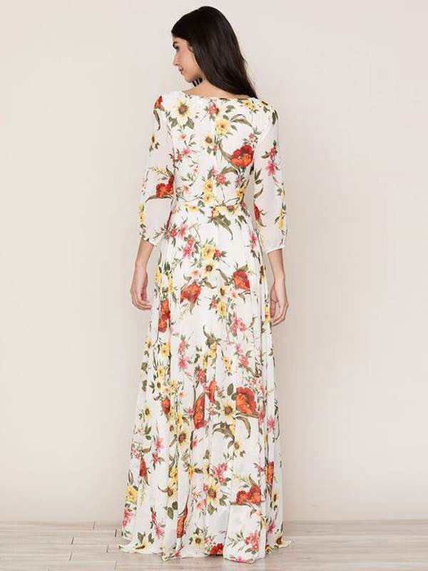 Women's Clothing Dresses | Women Maxi Dresses Light Apricot Half Sleeves Floral Printed Jewel Neck Ruffles Polyester Floor Length Dress - XL69370