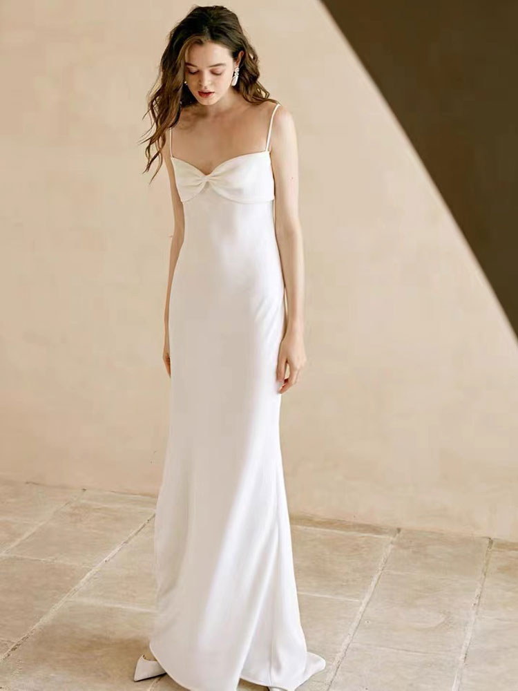 Boda Vestidos de novia | Vestido de novia simple blanco Poliéster diseñado Escote Correas de espaguetis Arqueadas de poliéster Vestidos nupciales de longitud de piso - XK57424