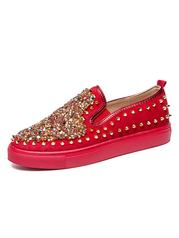 Zapatos de hombre | Mocasines rojos para hombre Zapatos cómodos de cuero de PU con diamantes de imitación Obra de arte Slip-On Low-Tops Zapatos casuales diarios - VO11674