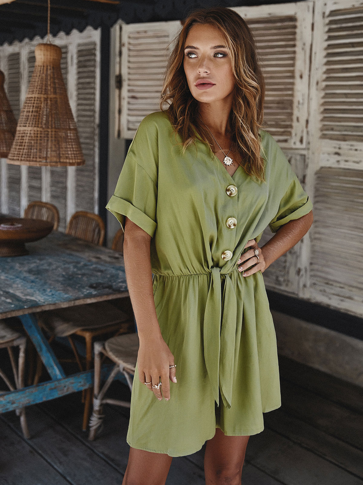 Women's Clothing Jumpsuits & Rompers | Green Jumpsuit V-Neck Short Sleeves Sash Oversized Polyester Jumpsuits For Women - QG0098