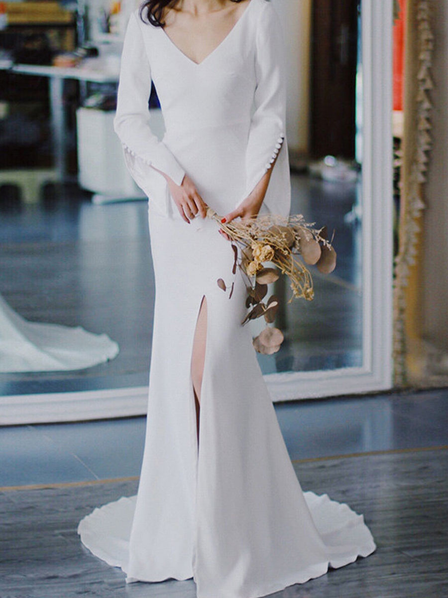 Boda Vestidos de novia | Vestido de novia blanco simple Satén Tejido con cuello en V Mangas largas Botones Vestidos de novia de sirena - KP37746